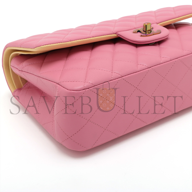 CHANEL MATELASSE 25 LAMBSKIN DOUBLE FLAP DOUBLE CHAIN BAG PINK RAINBOW METAL FIT (25.5*15*6cm) 